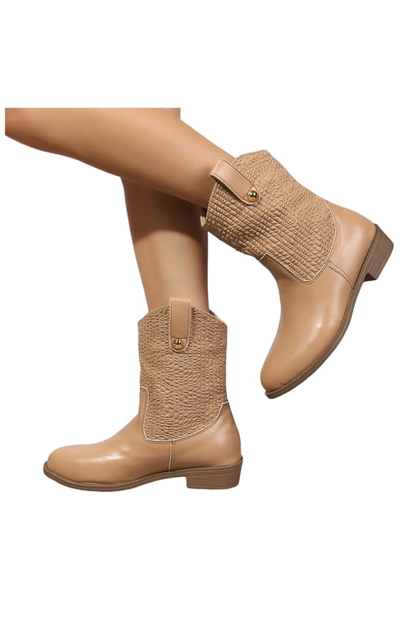 Wide Mid Calf Cowgirl Boots for Women 2025 Fashion Casual Patchwork Leather Pull on Winter Fall Short Cowboy Riding Boots Brown Size 8