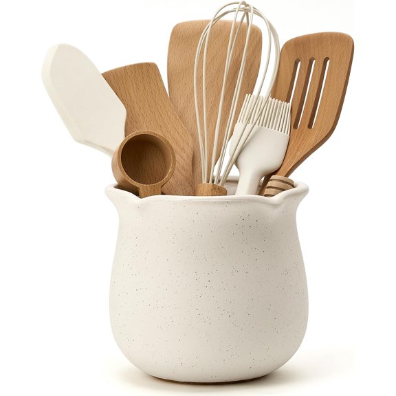 Wide Modern Cooking Utensil Holder for Kitchen Counter, Modern Nordic Boho Style White Utensil Holder and Crock Kitchen Decor, Versatile Rustic Ceramic Utensil Organizer