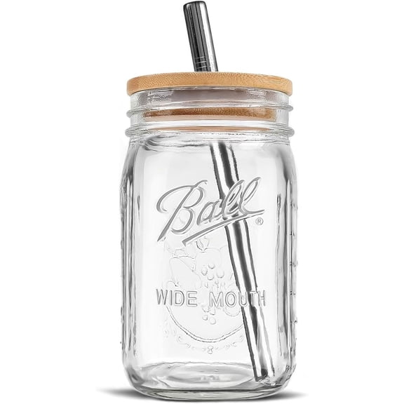 Wide Mouth 32-Ounces Quart Mason Jar with Reusable M.E.M Bamboo Lid & Stainless Steel Straw