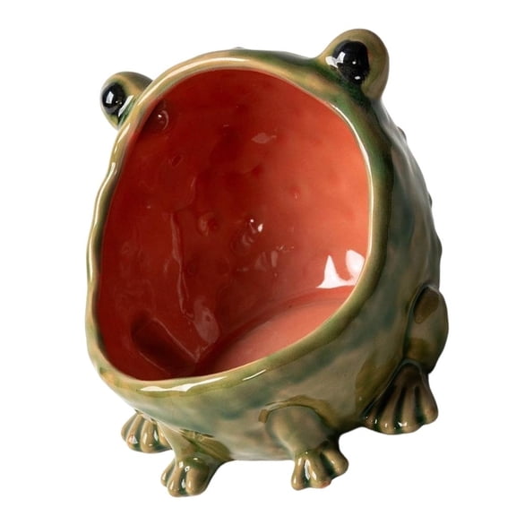 Wide Mouth Ceramic Storage Container, Frog Figurine Tabletop Holder Tray for Small Supplies, Decorative Entryway Jar