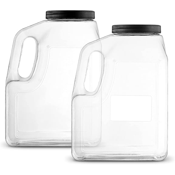 Wide Mouth Gallon Jugs (2 Pack) - 128 Ounce Rectangular Oblong Gallon Container - Clear Plastic Jugs with Handle for Home, Commercial or Restaurant Use