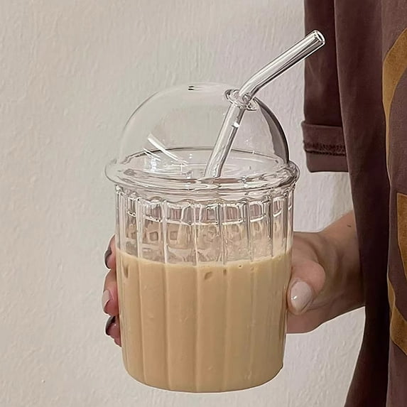 Wide Mouth Glass Cups with Dome Lids and Straws, 15oz Reusable Milkshake and Iced Coffee Glasses for Home, Office, or Bar, Set of 1