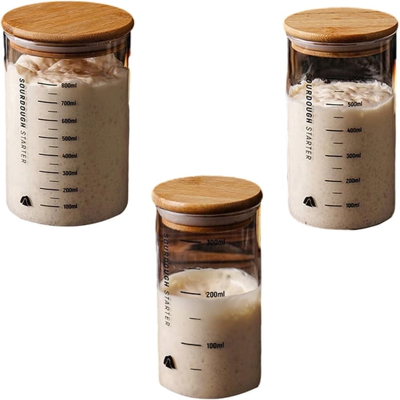 Wide Mouth Glass Fermenting Jar with Wooden Lid Clear Sourdough Starter Container, Home Baking Tools, Fermentation Crock for Bread Making, Kitchen Accessories