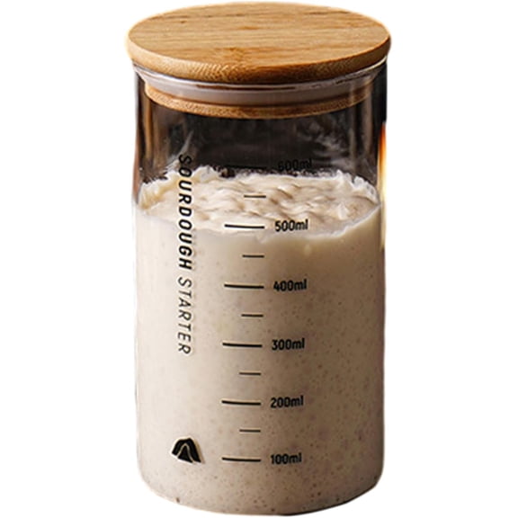 Wide-Mouth Glass Sourdough Jar with Wooden Lid  Fermentation Container for Home Baking and Bread Making