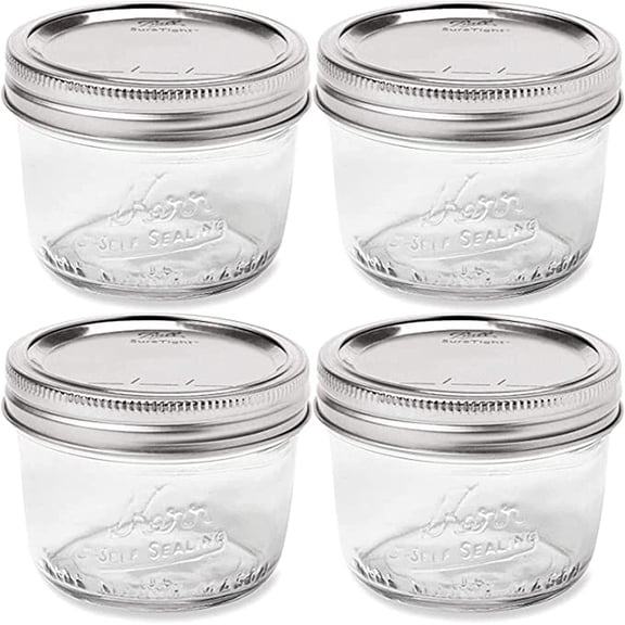 Wide Mouth Mason Jar 8 oz - (4 Pack) - Kerr Wide Mouth Mason Jars With Airtight lids and Bands + M.E.M Rubber Jar Opener Included