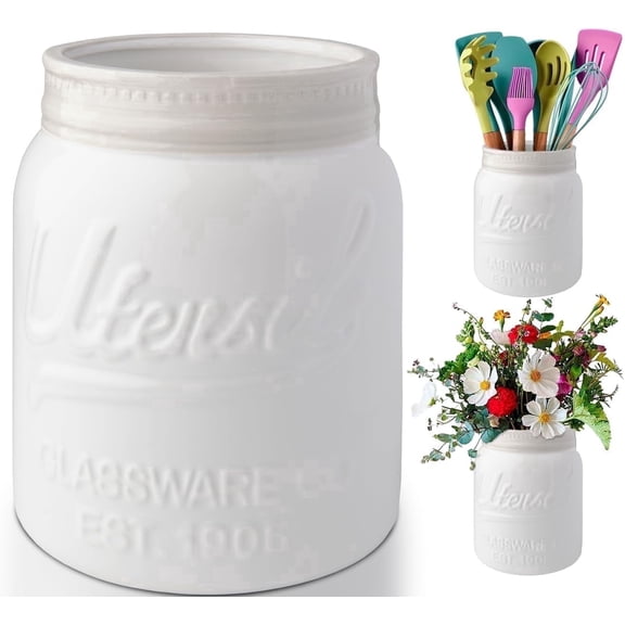 Comfify Ceramic Utensil Holder, Wide Mouth Mason Jar Style Countertop Kitchen Crock, White