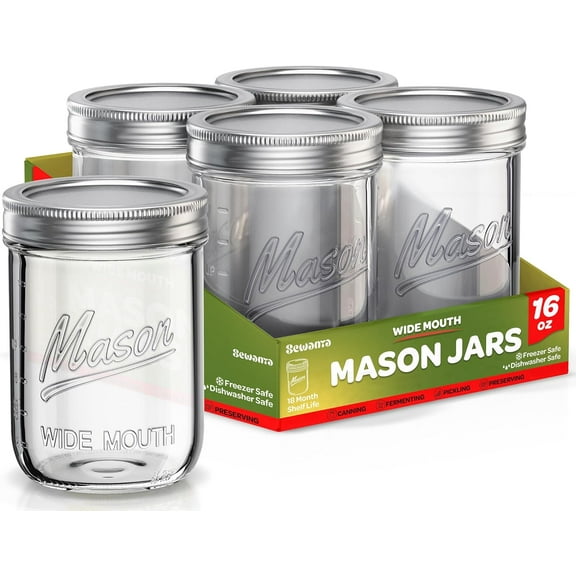 Wide Mouth Mason Jars 16 oz [5 Pack] With Mason Jar Lids and Bands Mason Jars 16 oz - For Canning Fermenting Pickling - Jar Dcor - Microwave/Freeze/Dishwasher Safe.