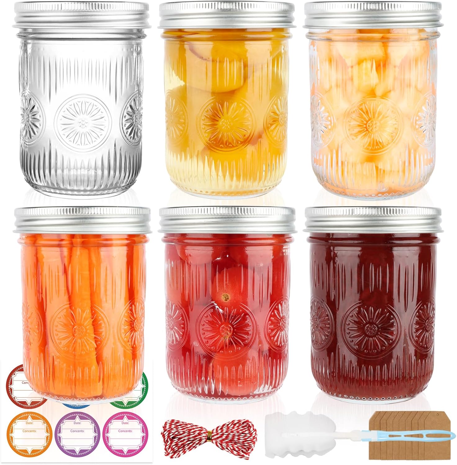 Wide Mouth Mason Jars 16 oz with Lids, 6 Pack Airtight Lids and Bands ...