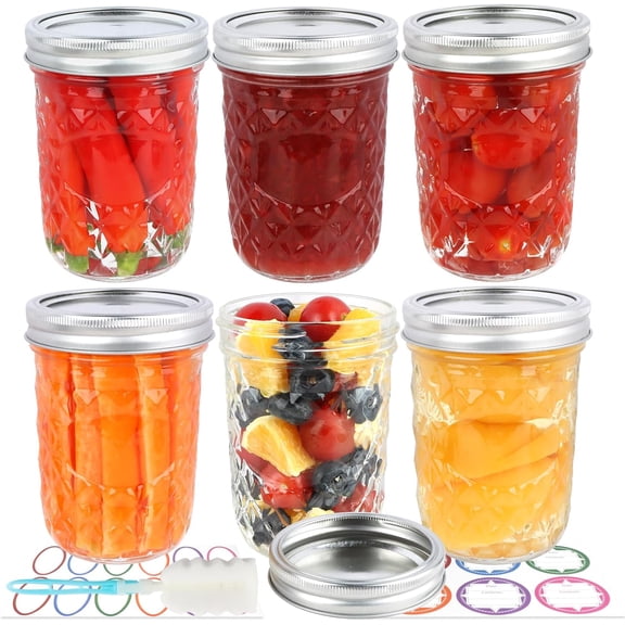 Wide Mouth Mason Jars 16 oz with Lids, Diamond Pint Canning Jars with Silver Split Cover & Brush & Labels, Glass Jar for Preserving, Pickling, Salad, fermenting, Jam, Jelly, Honey, Yogurt, Set of 6$$