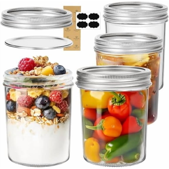Wide Mouth Mason Jars 16 oz with lids - 4 Pack, Pint Mason Jars with Seal Bands, Glass Canning Jars for Honey, Jam, Jelly, Coffee, Salad, Desert, Shower Wedding Favors, DIY Candles Decor