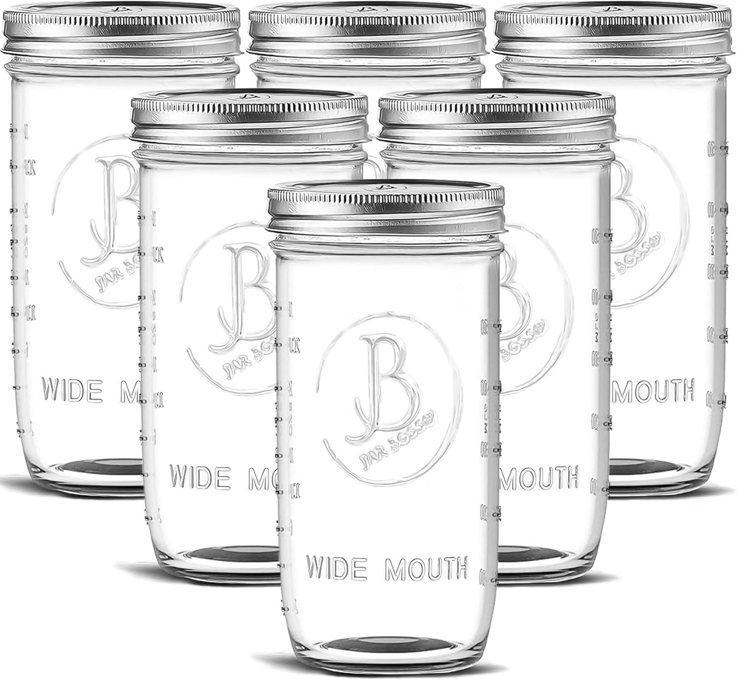 Wide Mouth Mason Jars 24 oz - (6 Pack) - Clear Glass Pint and a Half Mason Jars With Airtight Lids and Bands