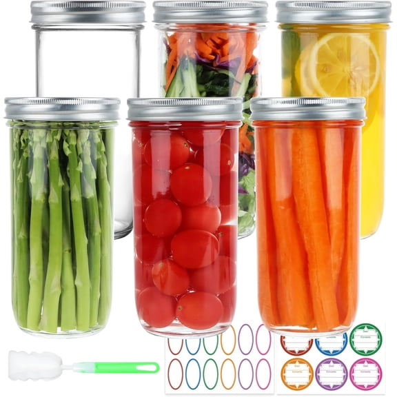 Wide Mouth Mason Jars 24 oz, 6 Pack 720 ml Glass Canning Jars with Airtight Lids, Large Storage Jars with Brush Labels, Clear Mason Jars for Canning, Fermenting, and Preserving