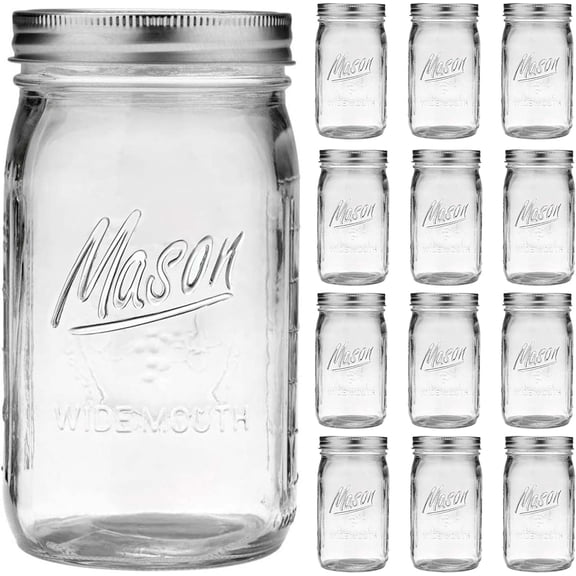 Wide Mouth Mason Jars 32 oz, 12 Pack Large Glass Mason Jars with Lids | 1 Quart Glass Jars for Pickling, Canning, Fermenting and Food Storage, Microwave & Dishwasher Safe