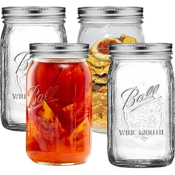 Wide Mouth Mason Jars 32 oz - (4 Pack) Ball Wide Mouth 32-Ounces Quart Mason Jars With Airtight lids and M.E.M Rubber Jar Opener Included