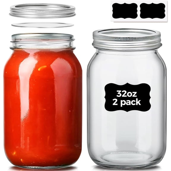 Wide Mouth Mason Jars 32 oz with Lids 2 Pcs, Quart Mason Jars with Seal Band, Large Glass Jars, Large Canning Containers for Pickles, Jams, Sauces, Salsa, Sourdough, Salad, Suntea, Food Storage