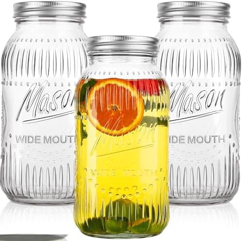3-Pack Wide Mouth Mason Jars 64 Oz - Half Gallon, Airtight Lids, Labels & Brush Included