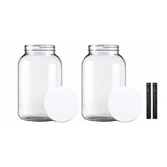 Wide Mouth Mason Jars with Lids & Thermometers - Set of 2, 1 Gallon Fermenting Jars for Kombucha, Beer, Wine, Cold Brew Coffee & Tea; Food Grade Glass