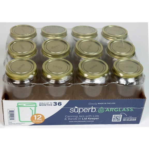 Superb Arglass Wide Mouth 32 oz Mason Jars (12 Count), Quart Canning Jars with Lids and Bands for Food Preservation and Home Canning.