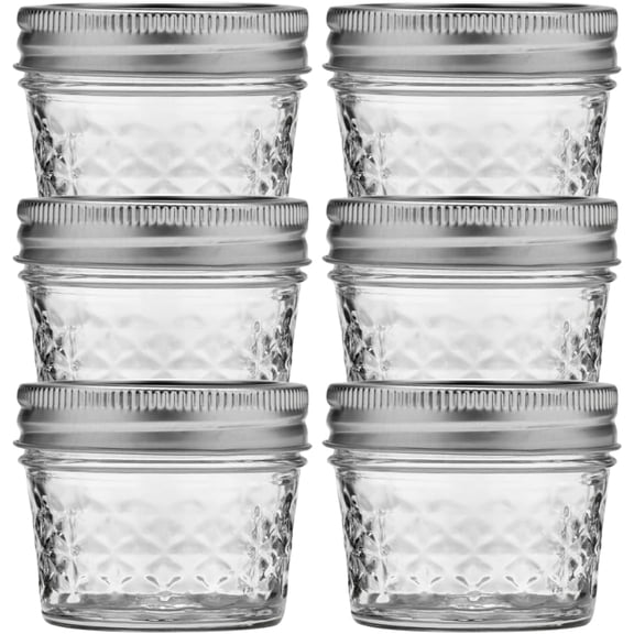 Wide Mouth Quilted Crystal Jelly Jars with Lids and Bands, Used for Canning, Pickling, Juice, Jam, Jelly, Quarter Pint Size (4 Ounce (Pack of 6))