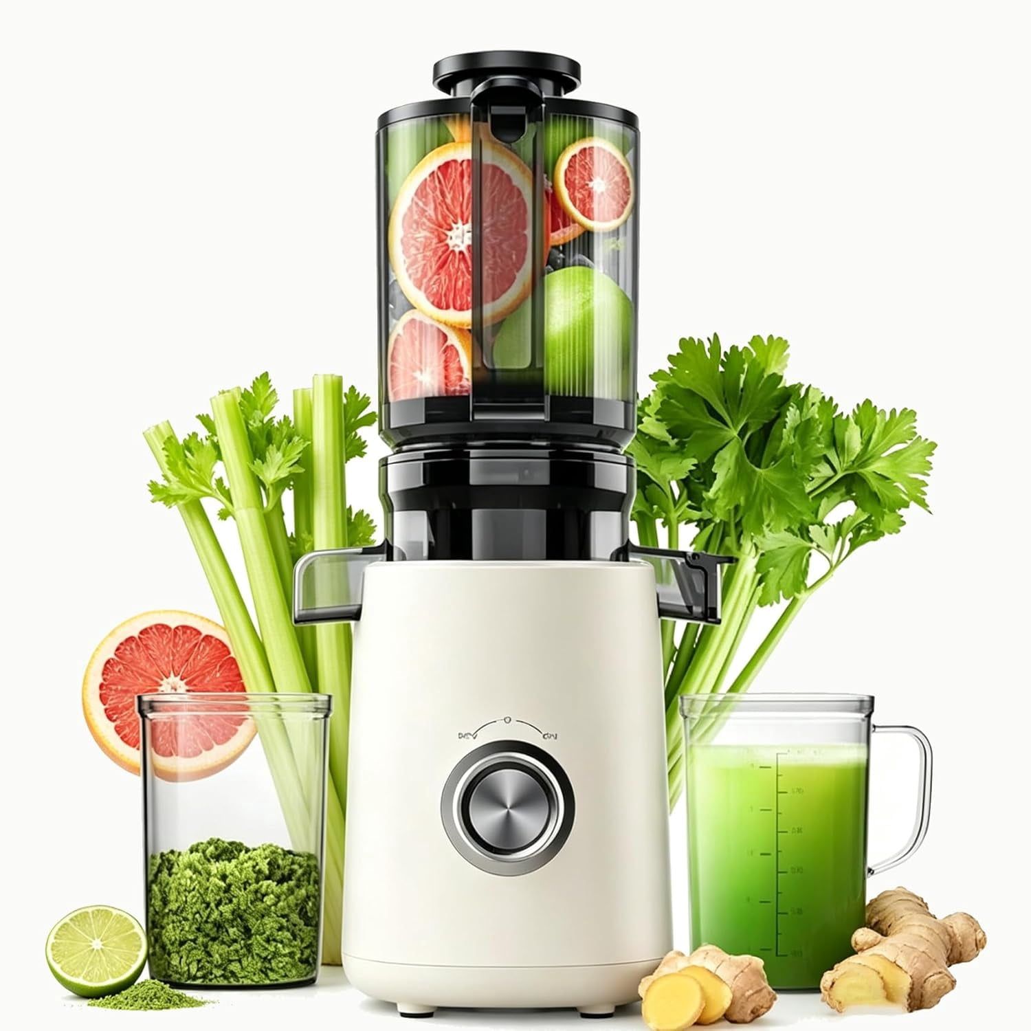Wide-Mouth Slow Juicer for Whole Fruits, Cold Press Juicer Machine with Large Feed Chute, Slow Masticating Juicer for Fruits and Vegetables, Easy Clean, High Juice Yield Home Juicer