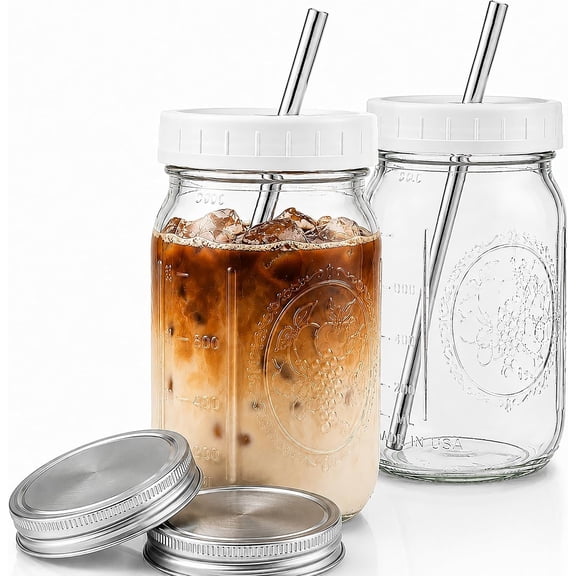 Wide Mouth Smoothie Boba  Cups Bubble  Cups with  and  Straws Mason Jars Glass Cups (2-pack, 32 oz mason jars)