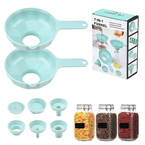 Wide Mouth Versatile Funnel, 7-in-1 Kitchen Funnel Set for Kitchen Use, Large Funnel Wide Mouth with 4 Size Spouts and 2 Strainers, Plastic Funnels for Filling Bottles, Liquid Transfer (1set)