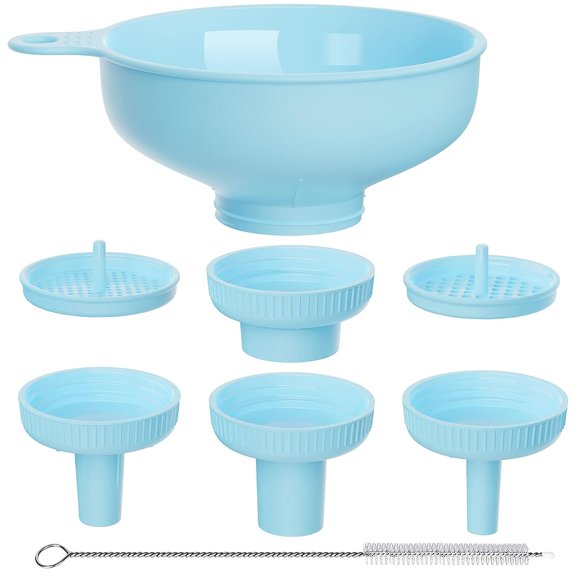 Wide Mouth Versatile Funnel, Canning Funnels for Kitchen Use, Food Grade Plastic Cooking Funnel Set with 4 Size Spouts and 2 Strainers for Filling Different Bottles and Bags, Blue