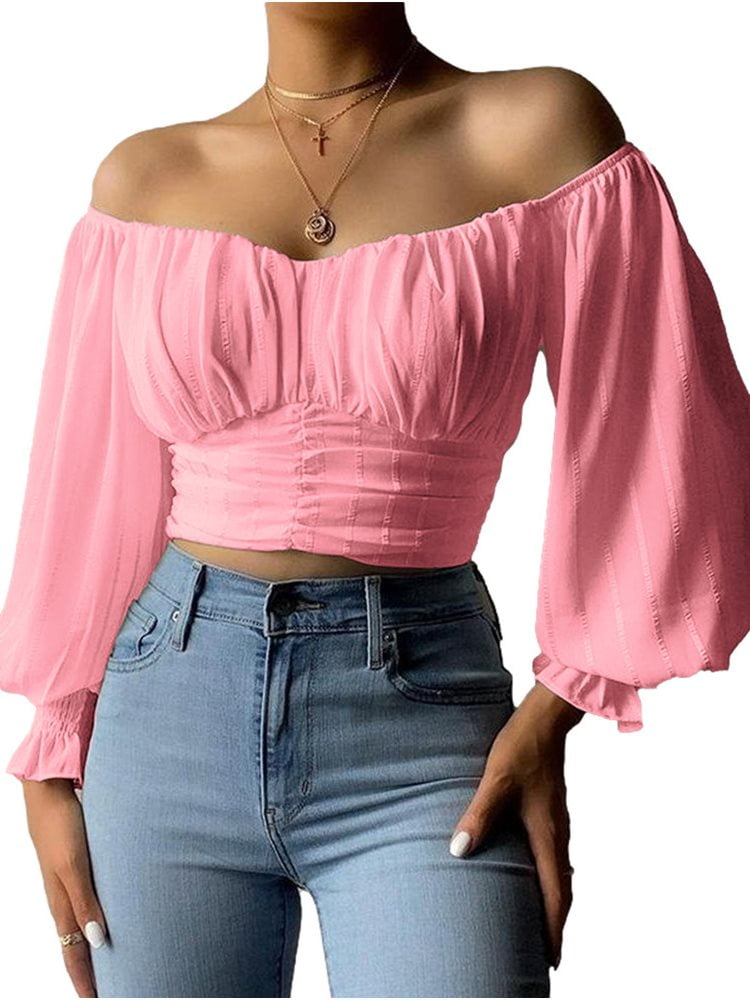 Women's Sexy Off Shoulder Long Sleeve Cropped Top Printed Wide Leg