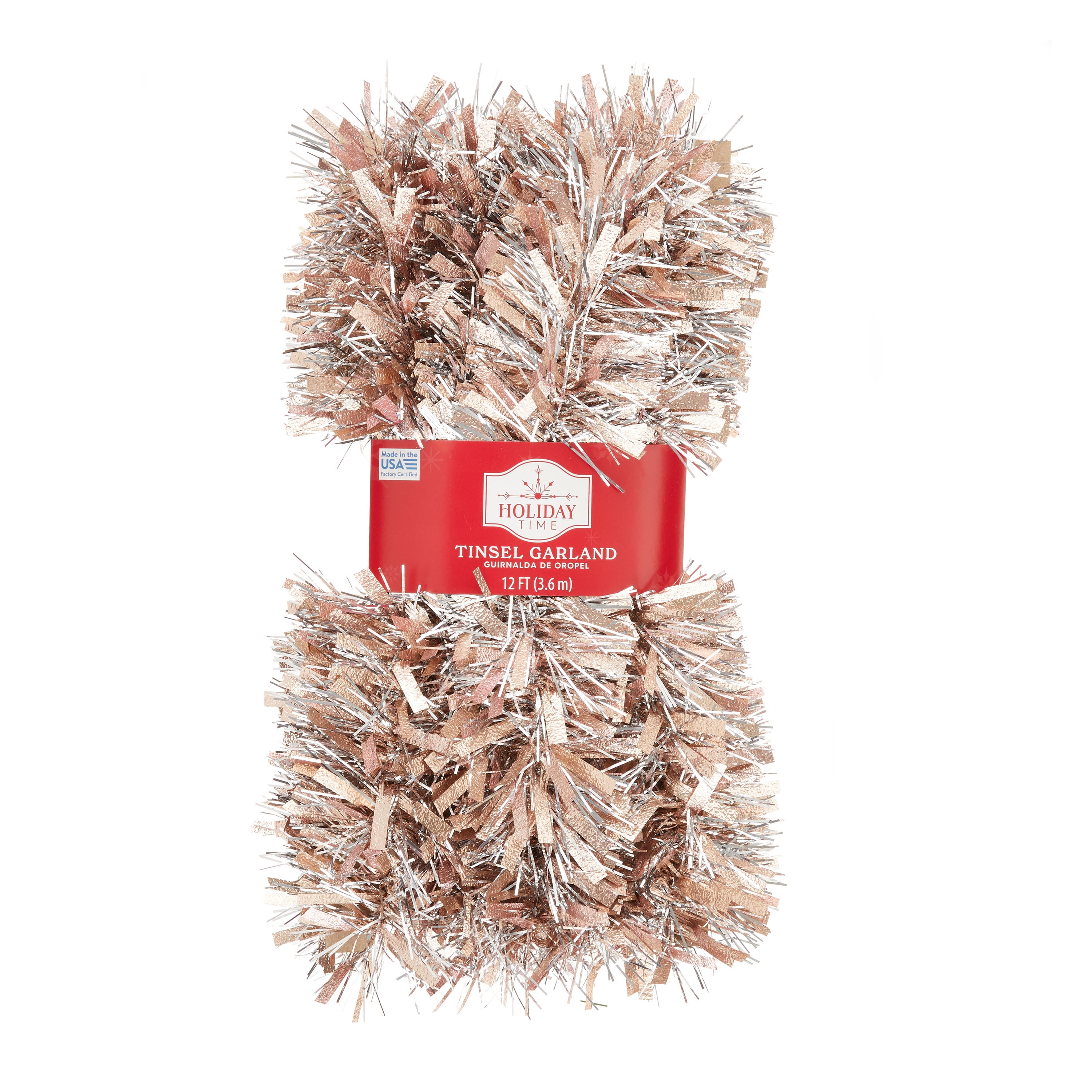Wide Needle Cracked Ice Rose with Narrow Silver Lame Needle Tinsel Garland, 12 ft, by Holiday