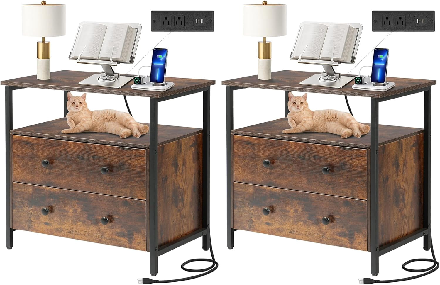 Wide Night Stand with Charging Station Bedside Table with Open Shelf — free download