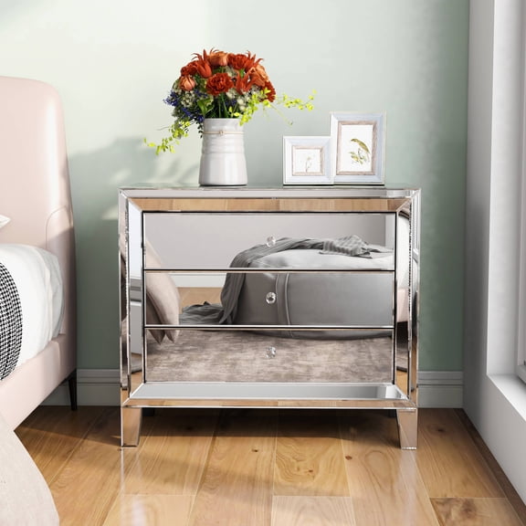 Wide Nightstand with 3 Drawers, Modern Mirror Storage Side table End Table Beside Table for Bedroom Living Room