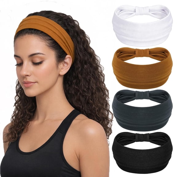 Wide Non-Slip Headbands for Sports,Yoga, 5.5'' Large Knot Cotton Hairband for Workouts, Spa, Running Keep Dry During Exercise(4Pack)