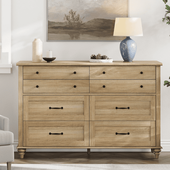 Wide Oak 8 Drawer Dresser for Bedroom, Wooden Chest of Drawers for Living Room