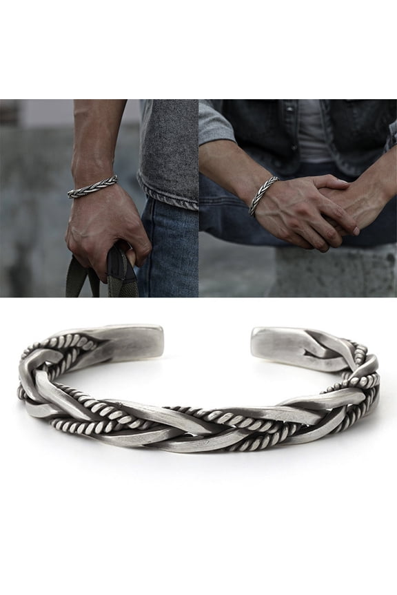 Wide Open Bracelet Handmade Weave for Men, Open Bangle Copper Metal Jewelry, 8 cm, Silver