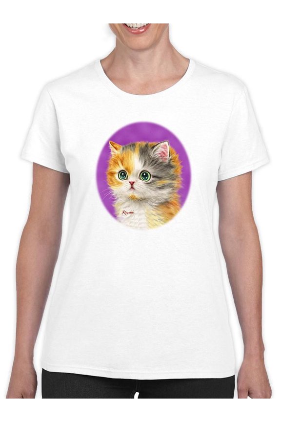 Wide Open Eyes Cat T-Shirt Women -Kayomi Harai Designs, Female Medium
