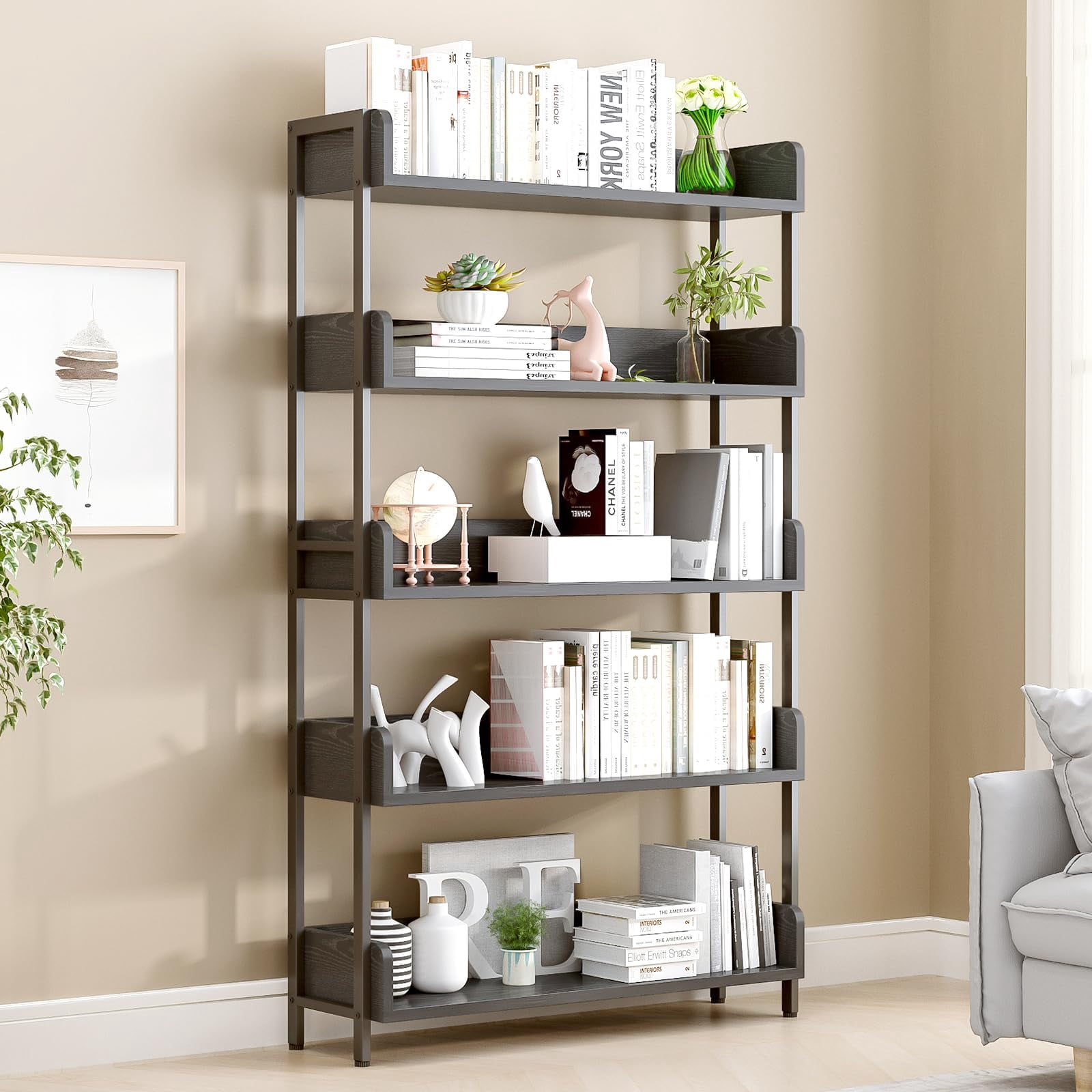 Wide Open Shelf Bookcase，Modern Design, Free Standing Display, Three ...