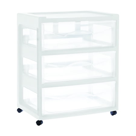 Wide Open Side Three-Drawer Organizer Cart, White