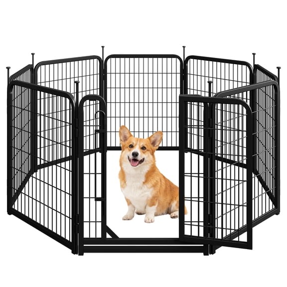 Wide Panel Dog Fence, 8 Panels 32 Inch Height, Secure Gate, Sturdy Portable Metal Enclosure, Expandable Indoor Outdoor Activity Fence for Puppies, Medium Large Breed Dogs and Small Pets, Black