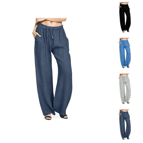 Wide Pants Waist Long Drawstring Casual Elastic Women Leg Solid Cotton Pants Womens Capris Casual
