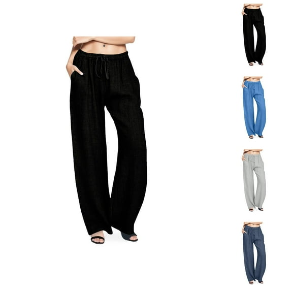 Wide Pants Waist Long Drawstring Casual Elastic Women Leg Solid Cotton Pants Womens Casual Pants