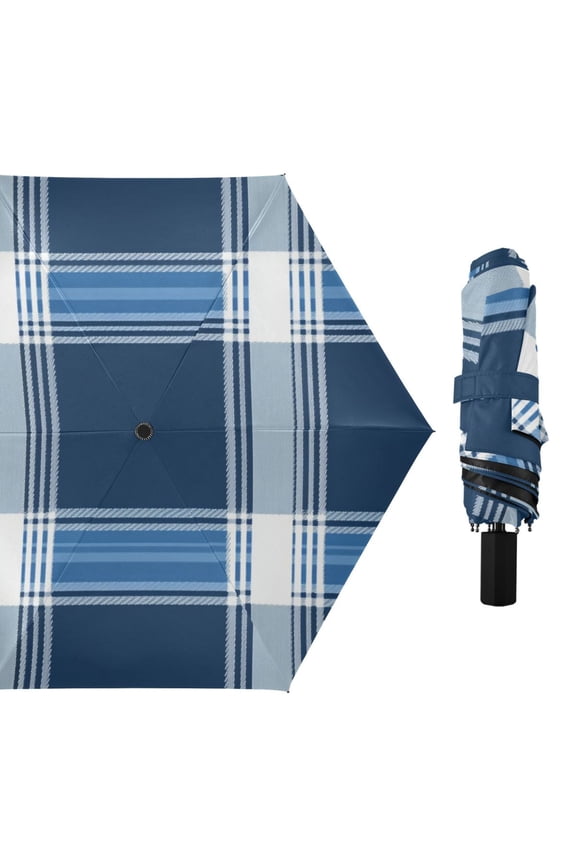 Wide Plaids Navy Blue All Weather Umbrella Triple Folding Parasol 6 Ribs UV Protection Portable