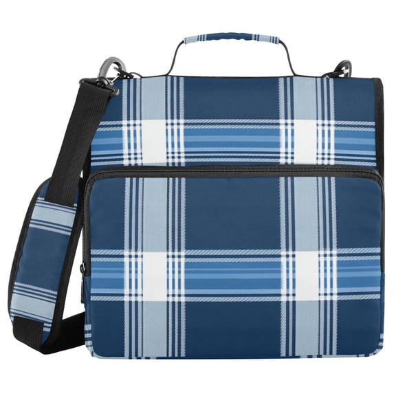 Wide Plaids Navy Blue Binder Bag with Shoulder Strap 3 Ring Zipper Binder File Folder Document Storage