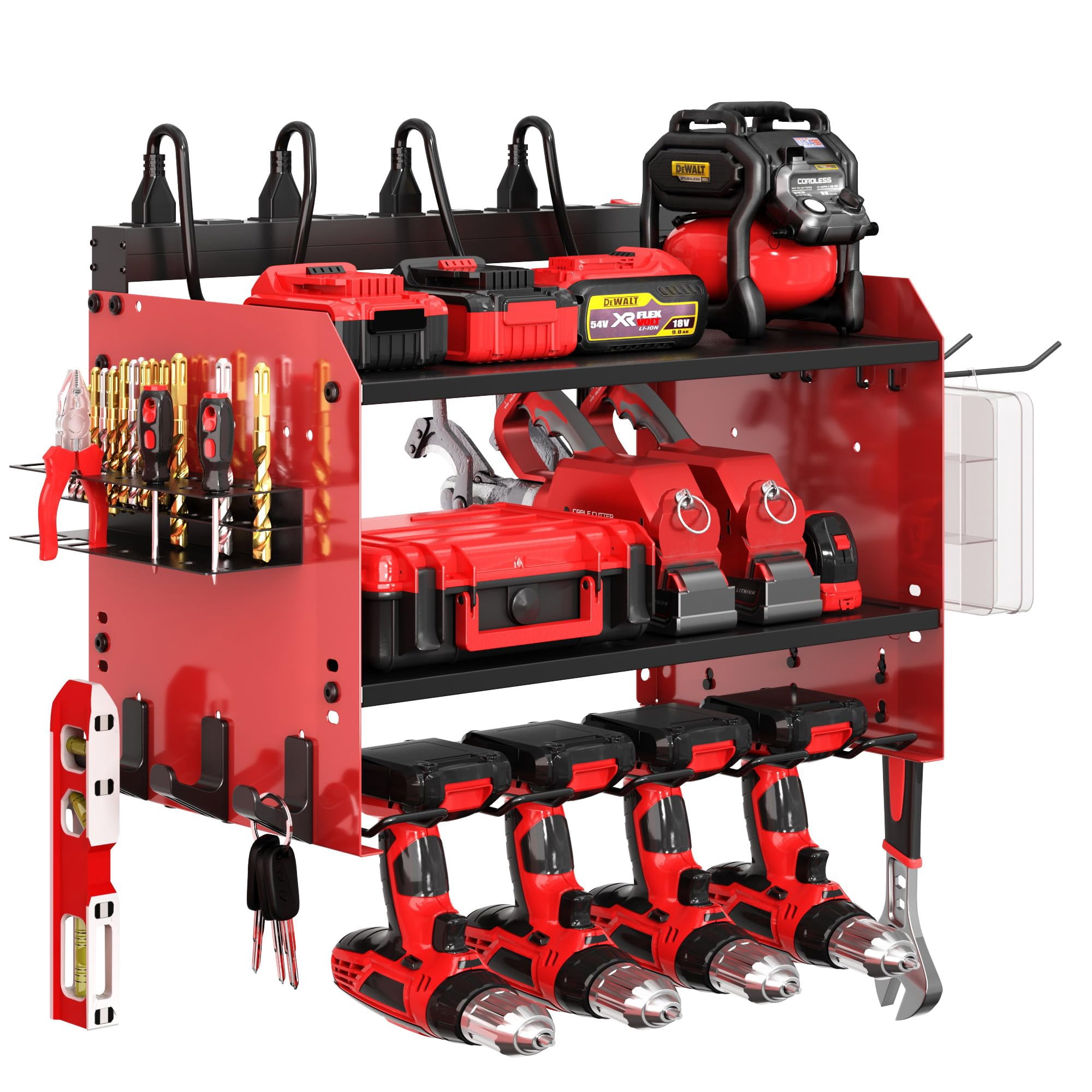 Lockable Power Tool Storage Rack Wide Power Tool Organizer Wall Mount with Charging Layer Adjustable ...