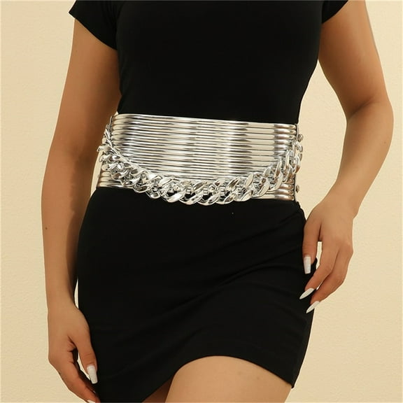 Wide Pu Elastic Belts With Chain for Women Dresses Black Waist Corset Belt for Women Fashion Wide Stretchy Belts