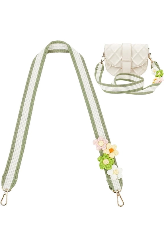 Wide Purse Strap Replaceme 40.16 Inch Crossbody Strap Striped Shoulder Strap with Flower Charms Canvas Bag Handbag Belts White