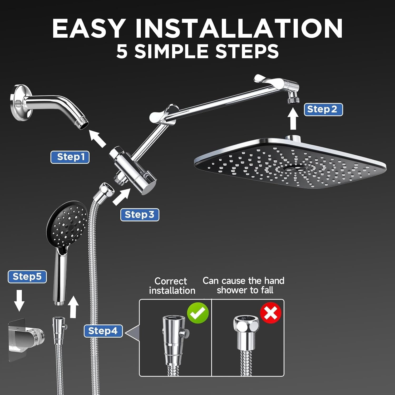 Wide Rain Shower Head with Handheld, High Pressure Rainfall Showerhead Combo with Arm for Bathroom Accessories, Home Decor, Detachable Dual Shower with Multi Modes Handheld Spray, Silver Chrome