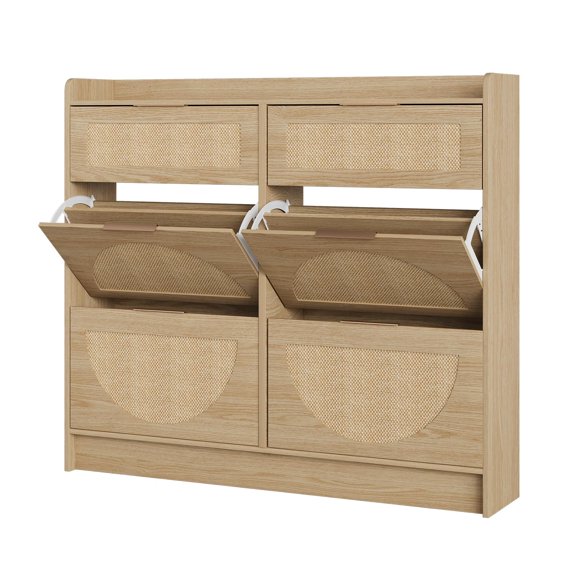 Wide Rattan Shoe Cabinet with 4 Flip Drawers & 2 Storage Drawers, Freestanding Slim Entryway Shoe Organizer with Adjustable Shelves & Raised Base, Wooden Hidden Shoe Rack for Hallway – Wood Color