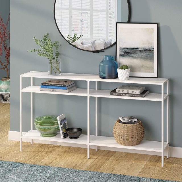 Wide Rectangular Console Table With Metal Shelves In Matte White