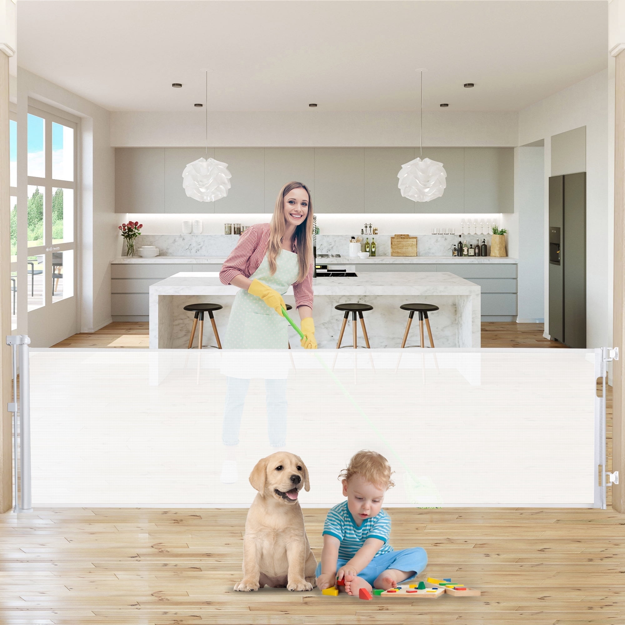 Wide Retractable Baby Gates for Doorways, Mesh Dog Gate for The House, One-Hand Opening Child Toddler Gates for Stairs, Pet Puppy Fence Indoor & Outdoor Short Dog Gate Puppy Gate Pet Fence