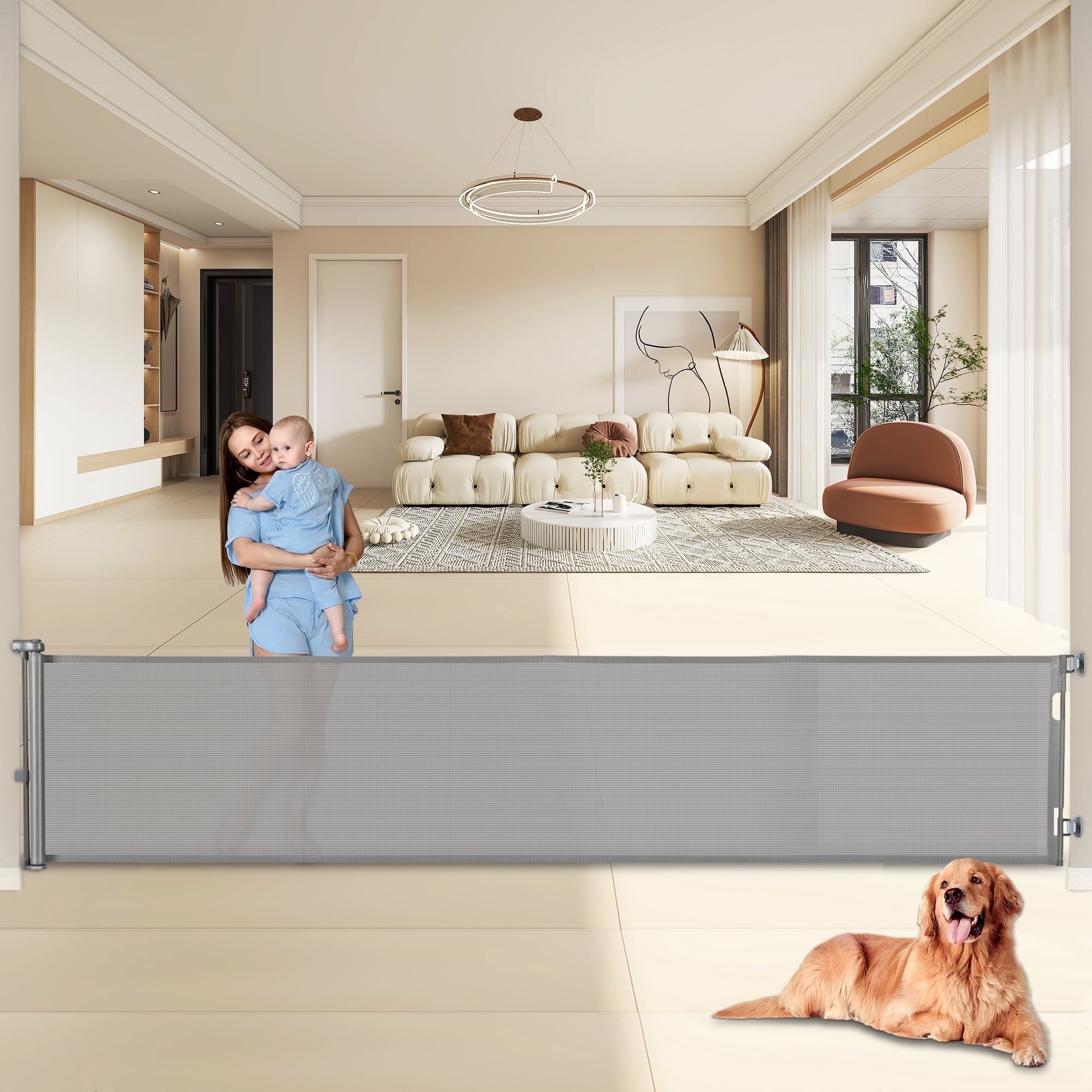 Wide Retractable Gates for Doorways, Mesh Dog Gate for The House, One-Hand Opening Gates for Stairs, Pet Puppy Fence Indoor & Outdoor Short Dog Gate Puppy Gate Pet Fence